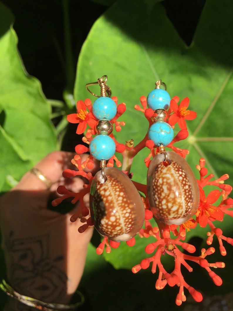 Cowrie Turquoise Bead 14 KGF Earrings