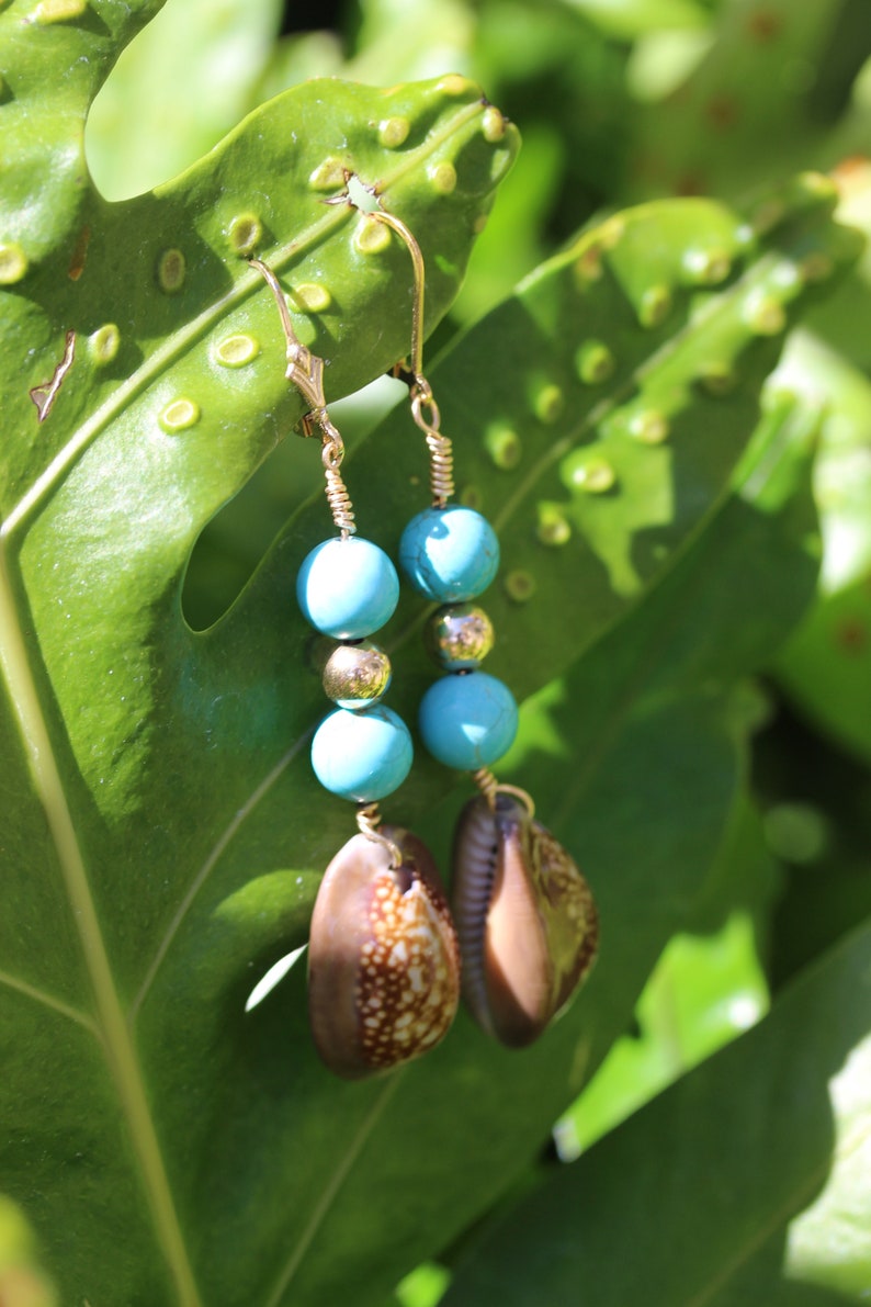 Cowrie Turquoise Bead 14 KGF Earrings