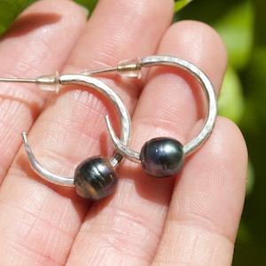 925 Sterling Silver small Tahitian pearl hoop earrings