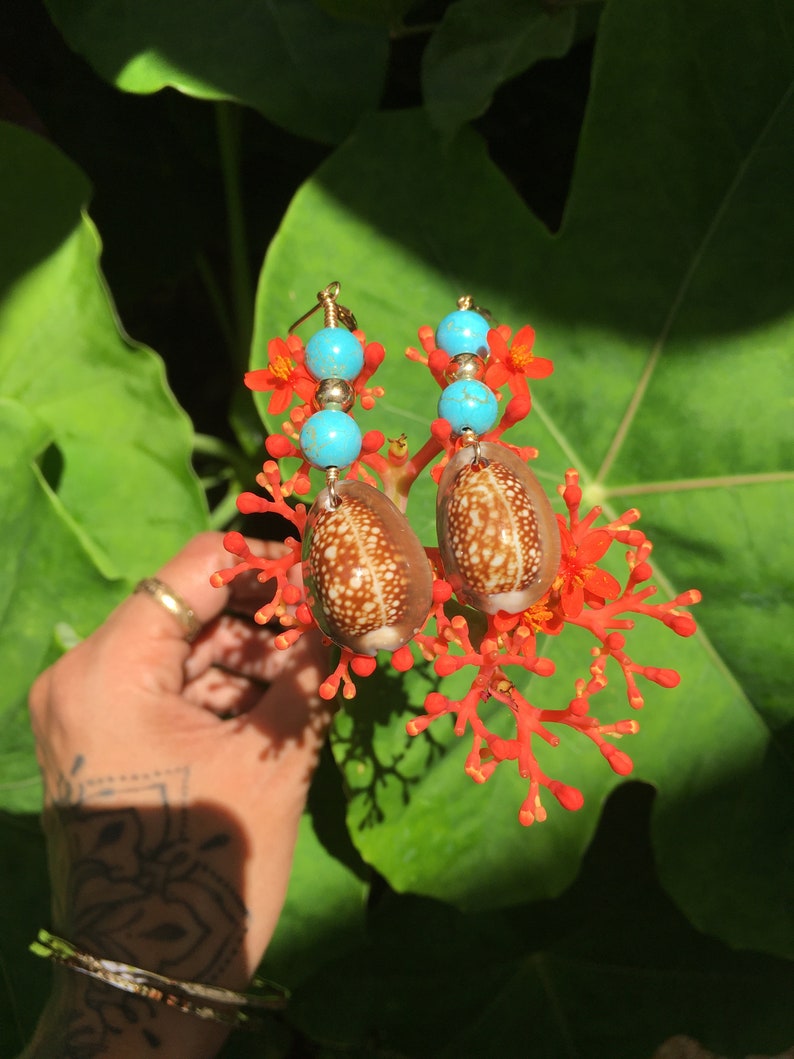 Cowrie Turquoise Bead 14 KGF Earrings