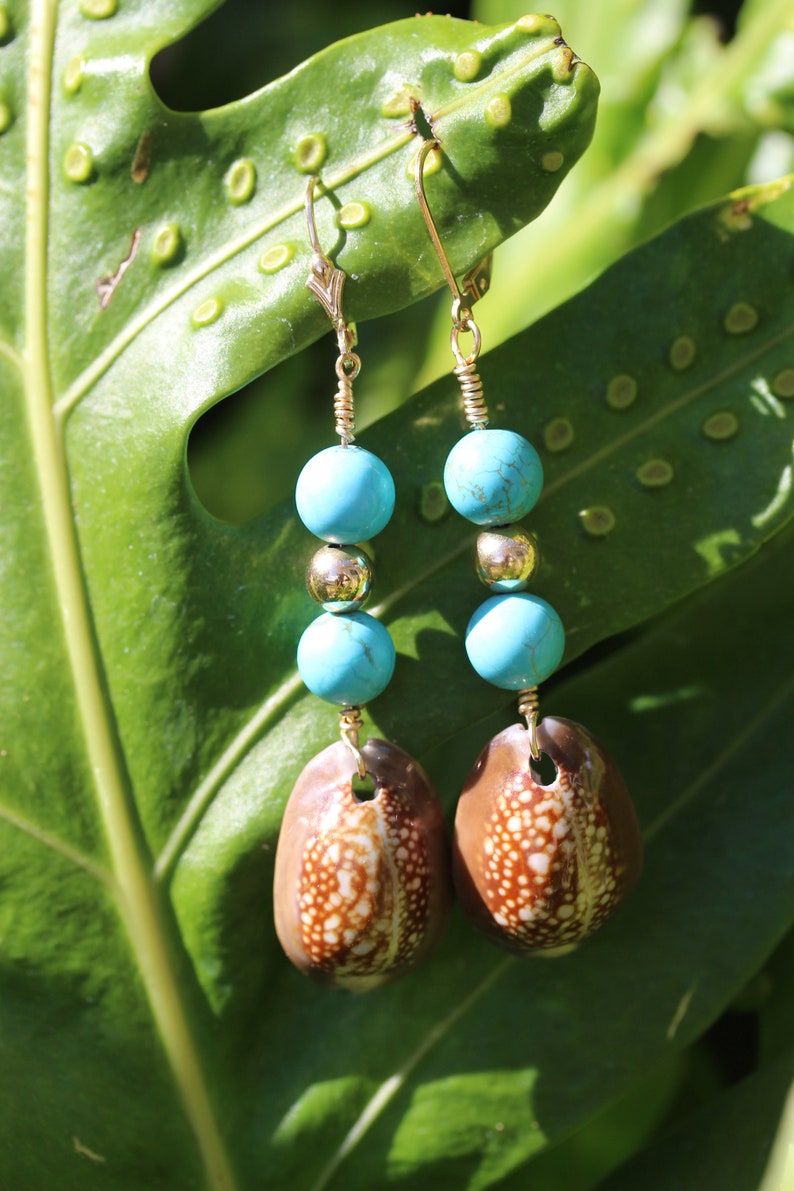 Cowrie Turquoise Bead 14 KGF Earrings