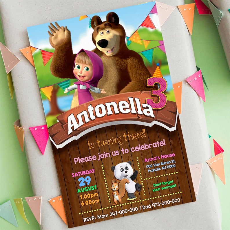 Digital file Printable Masha and the Bear Invitation | Etsy