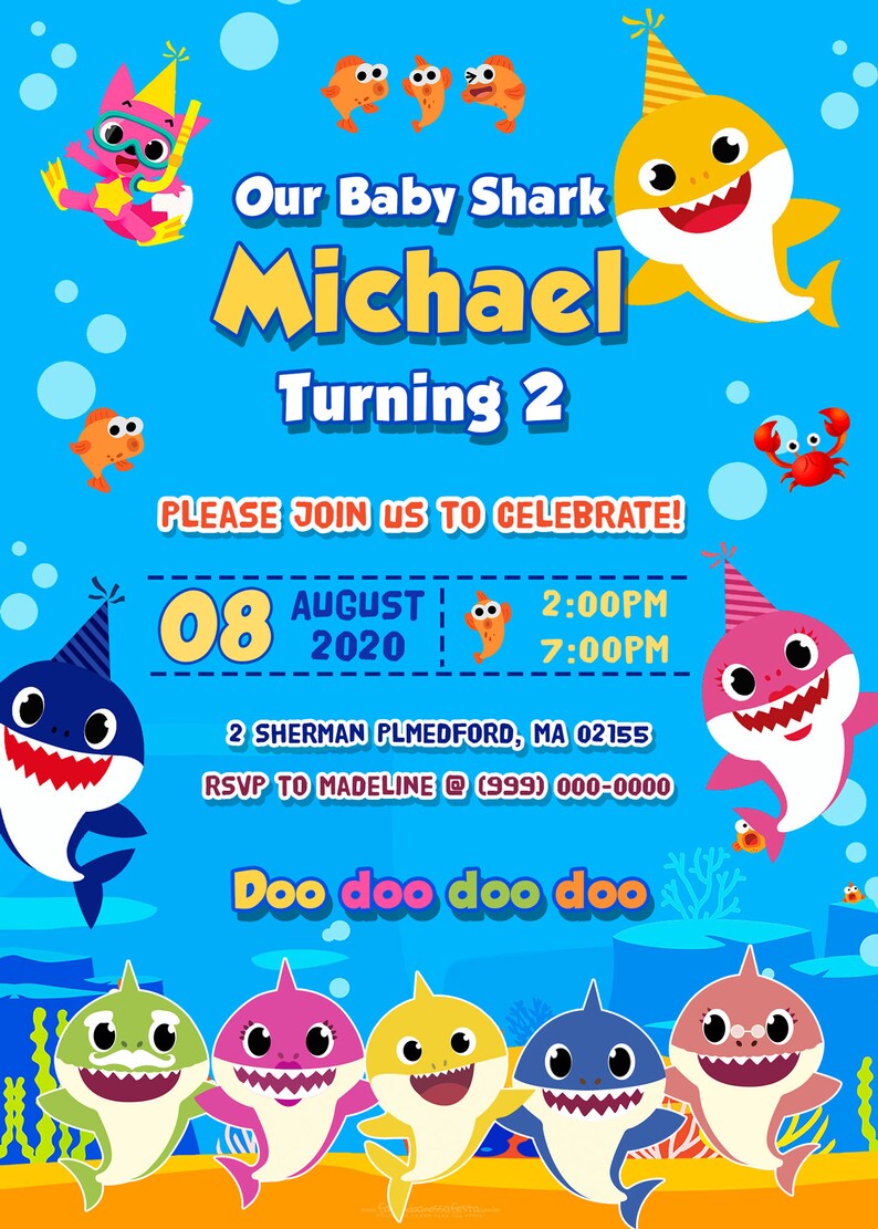 Baby Shark Digital Birthday Invitation printable Invitation | Etsy