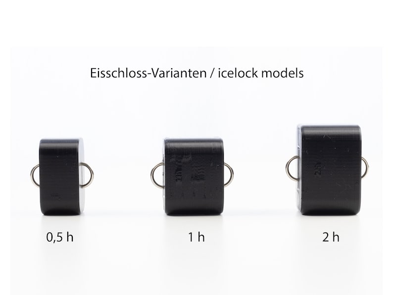May include: Three black ice lock models with metal rings. The models are labeled 0.5 h, 1 h, and 2 h.