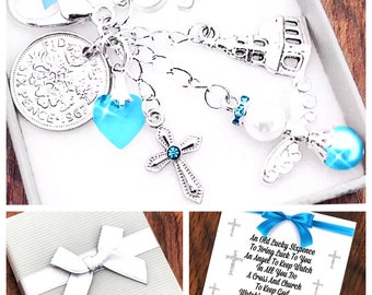 Confirmation Gift, Lucky Sixpence, Confirmation Keepsake, Angel Charm, Keyring, Blue Or Pink, Gift Box and Gift Card