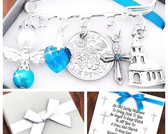 Baptism Gift, Lucky Sixpence,Baptism Keepsake Gift, Angel Charm, Kilt Pin, Brooch, Pink Or Blue. Gift Box and Gift Card