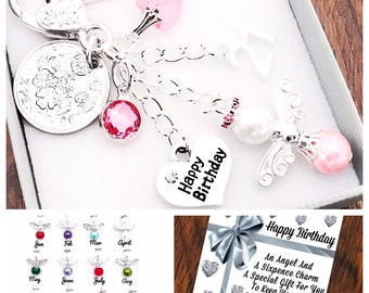 Happy 65th Birthday Gift, 65th Keepsake Gift, Angel Keyring, Lucky Sixpence  Choice Of Angel Colour,Heart And Number Charm,Gift Box And Card