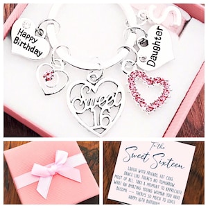 Happy 16th Birthday Gift, Sweet 16th Keyring, Sixteenth Birthday, 16th Keepsake Gift, Choice of Heart Charm, Personalised Initial, Gift Box
