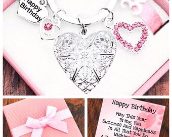 Happy 21st Birthday Gift, 21st Keepsake Gift, Pink Heart Locket Keyring, Choice of Heart and Number Charm, Gift Box And Card