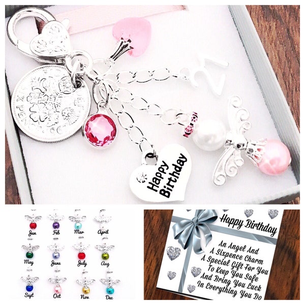 Happy 70th Birthday Gift, 1954 Sixpence Gift Angel Keyring, Lucky Sixpence Choice Of Angel Colour,Heart and Number Charm,Gift Box And Card