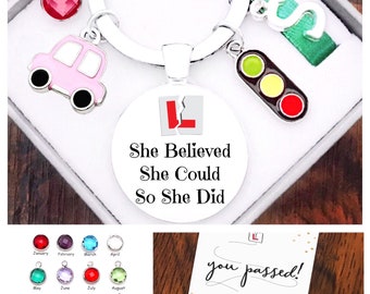 Driving Test Gift, Personalised Initial, Keyring, She Believed She Could, So She Did, New Driver, Pink Car, Birthstone Charm, Box/Bag, Card