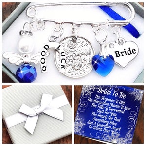 Lucky Sixpence, Wedding Gift, BRIDE Kilt Pin horseshoe, SOMETHING BLUE, Gift Box And Card