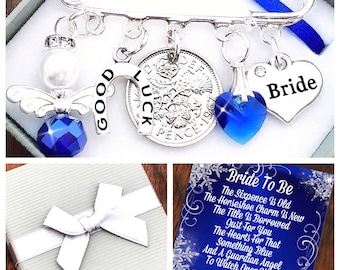 Lucky Sixpence, Wedding Gift, BRIDE Kilt Pin horseshoe, SOMETHING BLUE, Gift Box And Card