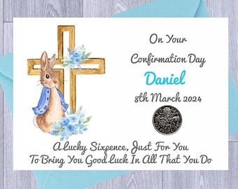 Confirmation Day Gift, Personalised,  Lucky Sixpence Gift, Confirmation Day Keepsake, Girl Or Boy, Rabbit Design