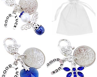 Bride Charm, Something Blue, Sixpence, Clip On Clasp, Good Luck Charm, Bouquet Charm, Garter Charm, Choice Of Charm, Gift Bag