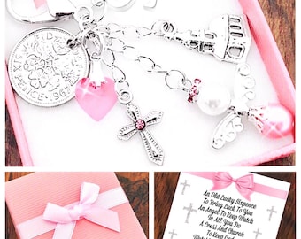 1st Holy Communion Gift, Lucky Sixpence, Communion Keepsake, Angel Charm, Keyring, Pink or Blue, Gift Box and Gift Card