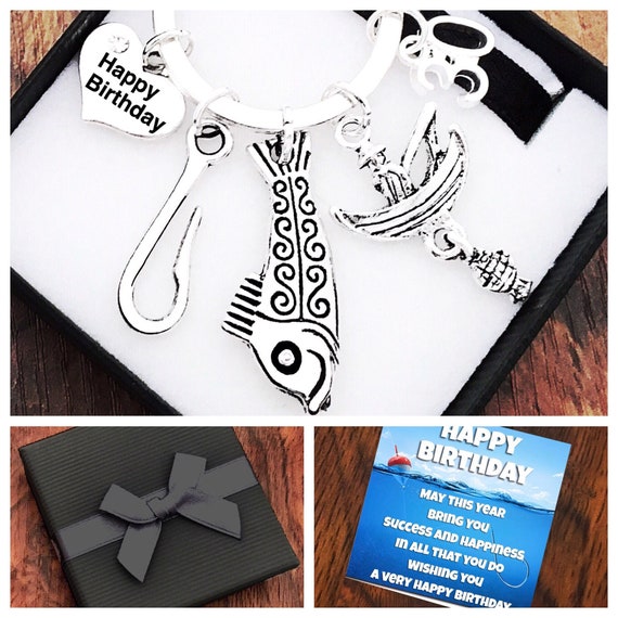 Happy 21st Birthday Gift, Fishing Keyring, Keepsake Gift, Choice of Heart  and Number Charm, Gift Box & Gift Card