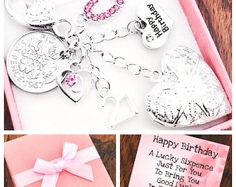 Happy 60th Birthday Gift, Heart Locket Keyring, 1964 LUCKY SIXPENCE, 60th Keepsake Gift, Choice Of Heart & Number Charm, Gift Box and Card