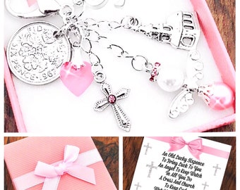 Christening Gift, Lucky Sixpence. Christening Keepsake, Angel Charm, Keyring, Pink Or Blue, Gift Box and Gift Card.