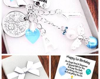 1st First Birthday Gift, Angel, Initial charm, Lucky Sixpence gift, Boy Or Girl, Keepsake Gift Keyring, Gift Box And Card