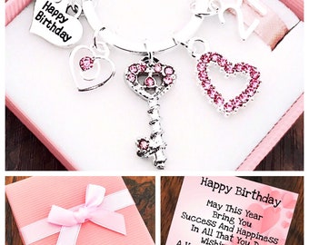 Happy 65th Birthday Gift, 65th Keepsake Gift, Pink Rhinestone Key, Keyring, Choice of Heart and Number Charm, Gift Box & Card