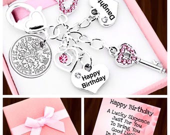 Personalised Happy 16th 18th 21st 30th Birthday Gift Keepsake Gift, Lucky Sixpence, Pink Key, Keyring, Choice Of Heart & Number Charm, Box