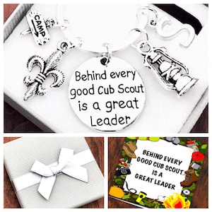 Scout Leader Gift, Behind Every Good Cub Scout Is A Great Leader Keyring, Cub Scout, Camp, Personalised Initial, Box and Gift Card