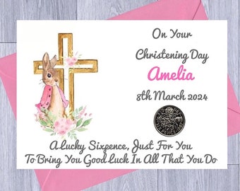 Christening Gift, Personalised, Lucky Sixpence Gift, Christening Keepsake, Boys Christening, Girls Christening, Pink Or Blue, Rabbit Design