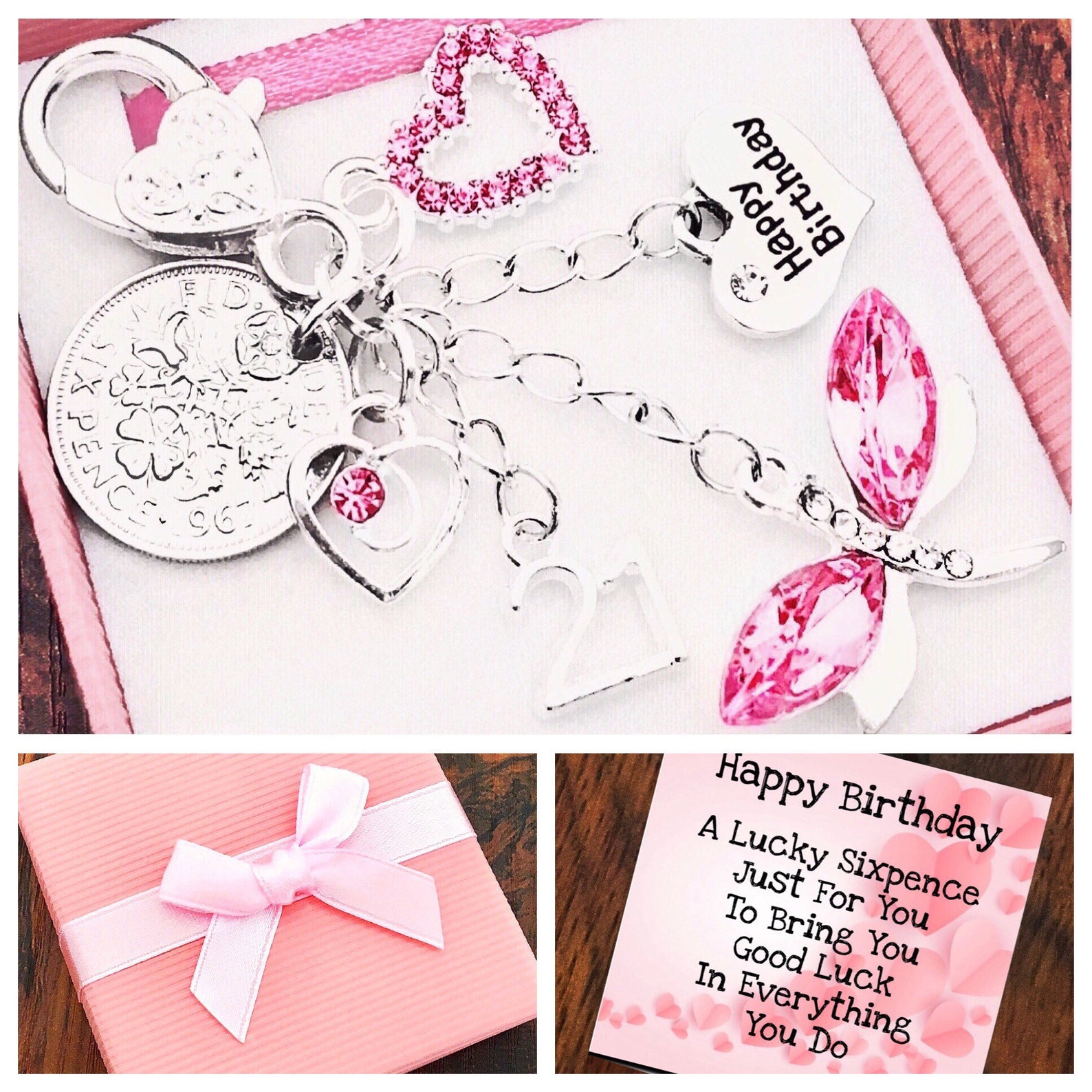 Happy 15th Birthday Gift, 15th Keepsake Pink Dragonfly Keyring, Lucky Sixpence, Choice of Heart