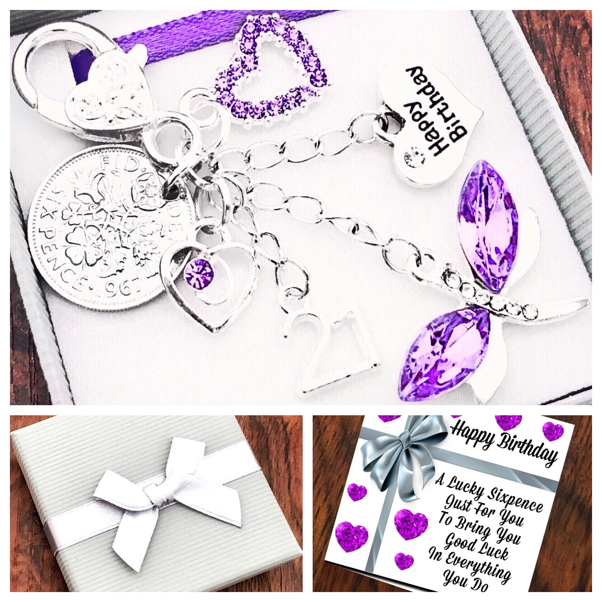 Happy 15th Birthday Gift, 15th Keepsake Purple Dragonfly Keyring, Lucky  Sixpence, Choice of Heart and Number Charm, Gift Box and Gift Card 