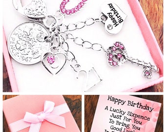 Happy 21st Birthday Gift, Pink Rhinestone Key Keyring, Lucky Sixpence, Keepsake Gift, Choice Of Heart & Number Charm, Gift Box and Card