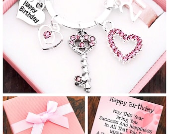 Happy 13th Birthday Gift, 13th Keepsake Gift, Pink Rhinestone Key, Keyring, Choice of Heart and Number Charm, Gift Box & Card