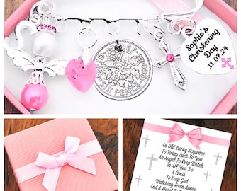 Christening Gift, Personalised,Lucky Sixpence, Christening Keepsake, Angel Charm,Brooch, Pin, Pink Or Blue, Gift Box/Bag and Gift Card