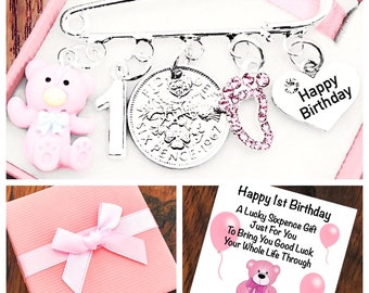 First, 1st Birthday Gift, Lucky Sixpence, Keepsake, Safety Pin, Teddy Bear Charm, Choice Of Heart Charm, Pink Or Blue, Gift Box & Card