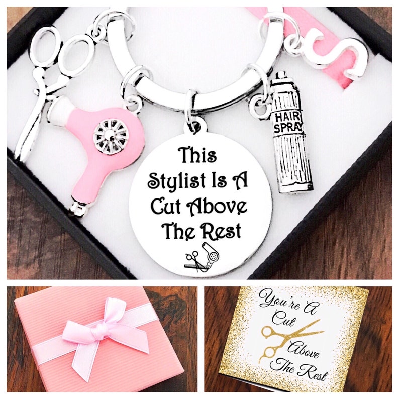 Hairdresser Gift, Personalised Initial, Charm Keyring, Pink Hairdryer, This Stylist Is A Cut Above The Rest, Gift Box, Card image 1