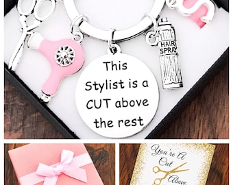 Hairdresser Gift, Personalised Initial, Charm Keyring, Pink, Awesome Hairdresser, This Stylist Is A Cut Above The Rest, Gift Box, Card