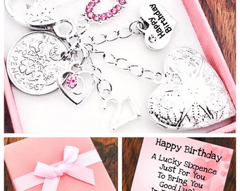 Happy 13th Birthday Gift, Pink Heart Locket Keyring, Lucky Sixpence, 13th Keepsake Gift, Choice Of Heart & Number Charm, Gift Box and Card