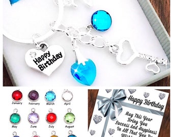 Happy 50th Birthday Gift, 50th Keyring Gift, Silver Key Keyring, Birthstone Charm, Choice Of Heart & Number Charm, Gift Box and Gift Card