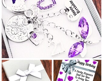 Happy 12th Birthday Gift, 12th Keepsake Purple Dragonfly Keyring, Lucky Sixpence, Choice Of Heart And Number Charm, Gift Box And Gift Card