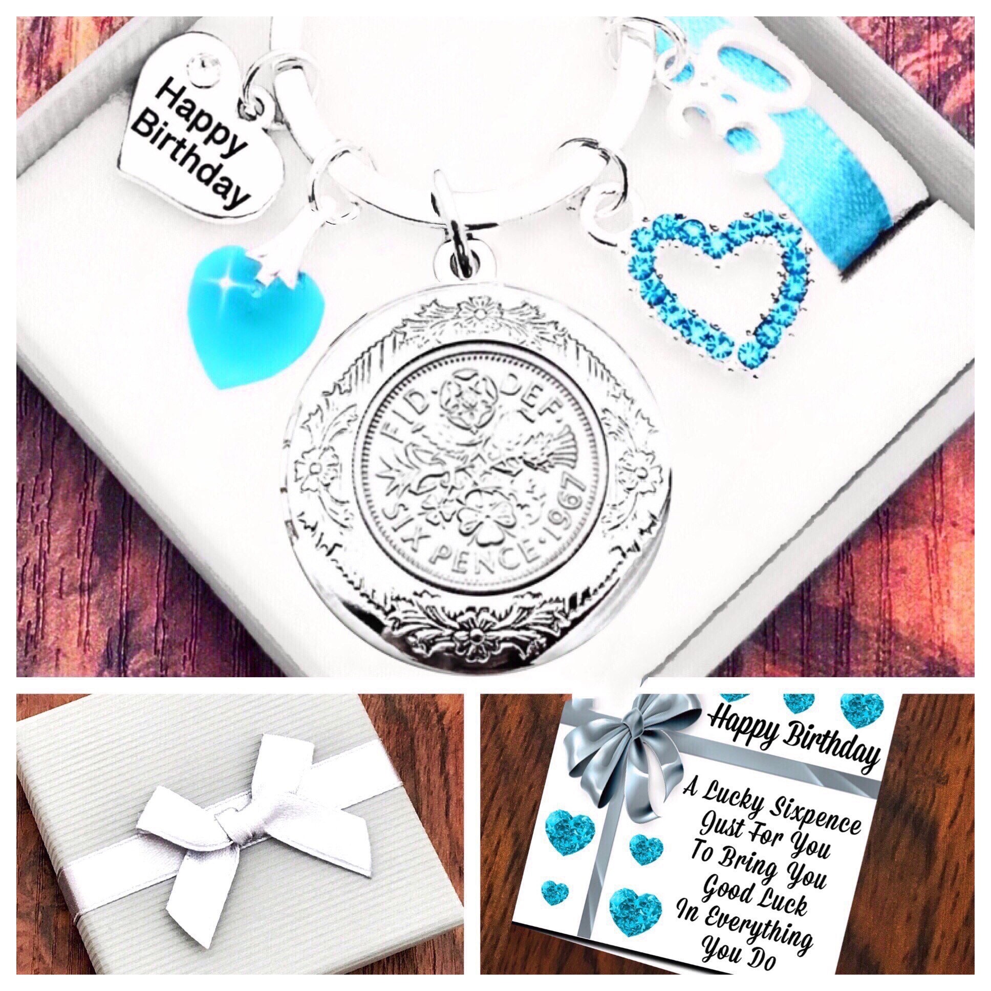 Cadeau Anniversaire 60, 70, 80 Ans – Porte-clés Avec Sixpence, Boîte Cadeau, Personnalisable, Couleur Lilas