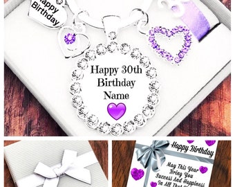 Happy 70th Birthday Gift, Lilac, Personalised Rhinestone Charm, Keyring. Choice of Heart and Number Charm, Gift Box and Card