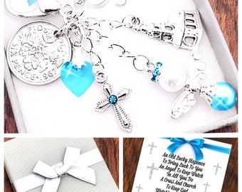 Christening Gift, Lucky Sixpence. Christening Keepsake, Angel Charm, Keyring, Blue Or Pink, Gift Box and Gift Card.