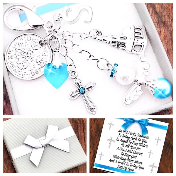 Christening Gift, Lucky Sixpence. Christening Keepsake, Angel Charm, Keyring, Blue Or Pink, Gift Box and Gift Card.