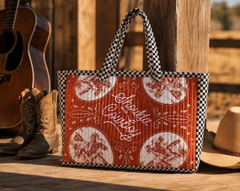 Western Quilted Tote Bag | Reversible Cowboy Tote | Country Concert Bag | Large Western Purse | Cowgirl Gift | Rodeo Tote | Checkered Tote