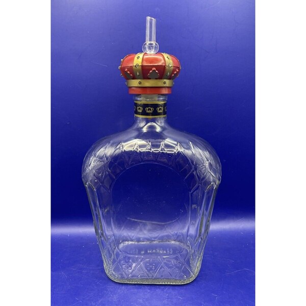 Empty Clear Glass Embossed Seagrams Whiskey Bottle Decanter Crown Pour Spout Top