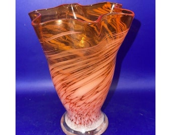 Art verre mouchoir pivoté vase orange blanc bords volantés tourbillonné vintage MCM