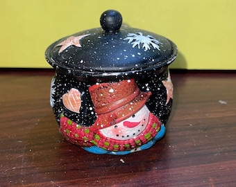 New! YANKEE CANDLE Hand Painted 'Peppermint Snowman' Ceramic Jar Topper 