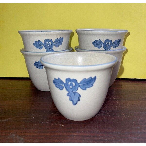 Set of 5 Small Stoneware Cups Bowls Pottery Blue Gray Floral Fruit Dessert Dip