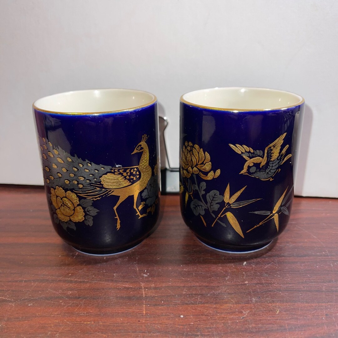 Pair of Cobalt Blue Japanese Tea Saki Cups Peacock Floral Gold Etsy
