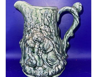 VTG Ceramic Green Marble Glazed Pitcher Jug Vase Children Tree Forest Pottery